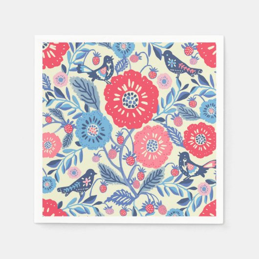 Serviette En Papier Oiseaux D'Art Folk Fraise Et Fleurs (Devant)