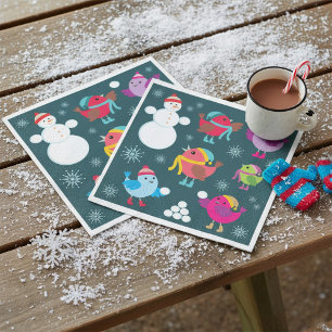 Serviette En Papier Oiseaux d'hiver jouant dans la neige avec un bonho