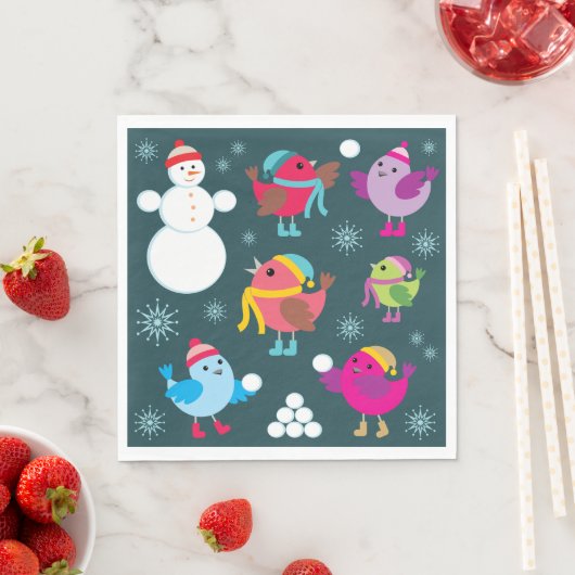 Serviette En Papier Oiseaux d'hiver Jouer dans la neige avec Snowman (En situation)