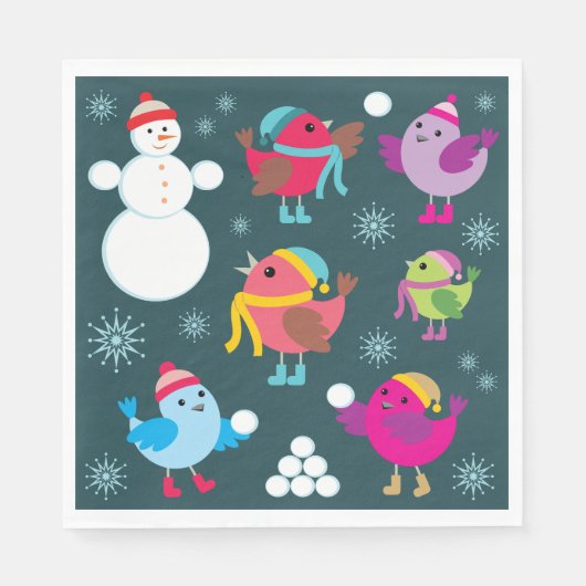 Serviette En Papier Oiseaux d'hiver Jouer dans la neige avec Snowman (Devant)