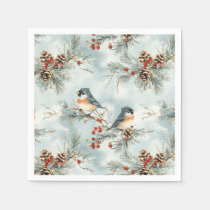 Serviette En Papier Oiseaux d'hiver Motif avec Pinecones et neige