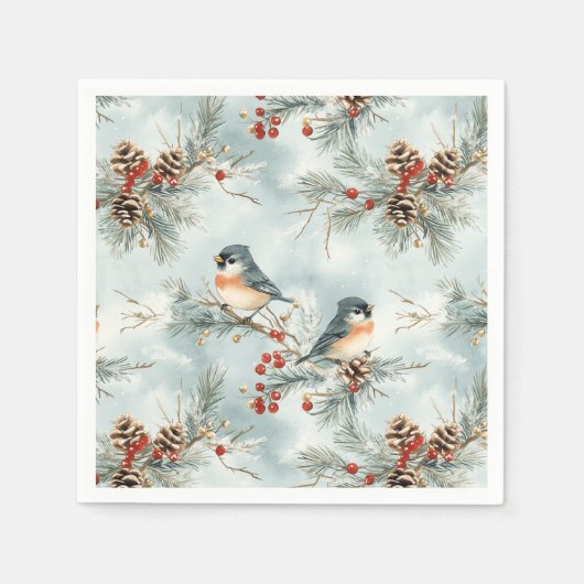 Serviette En Papier Oiseaux d'hiver Motif avec Pinecones et neige (Devant)