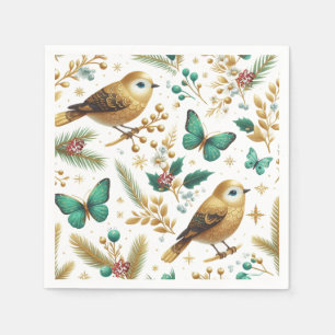 Serviette En Papier Oiseaux dorés et papillons émeraude Fêtes