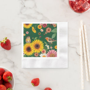 Serviette En Papier Oiseaux Et Fleurs Arrière - plans Vert Foncé