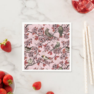 Serviette En Papier Oiseaux et fleurs de cerisier sur fond rose saumon