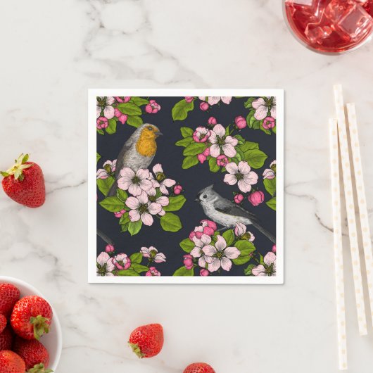 Serviette En Papier Oiseaux et fleurs en noir (En situation)