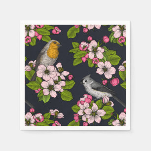 Serviette En Papier Oiseaux et fleurs en noir