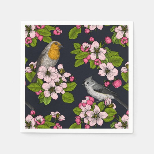 Serviette En Papier Oiseaux et fleurs en noir (Devant)