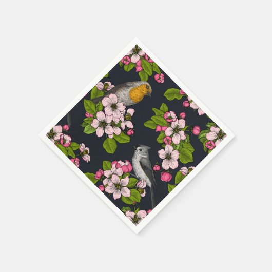 Serviette En Papier Oiseaux et fleurs en noir (Coin)