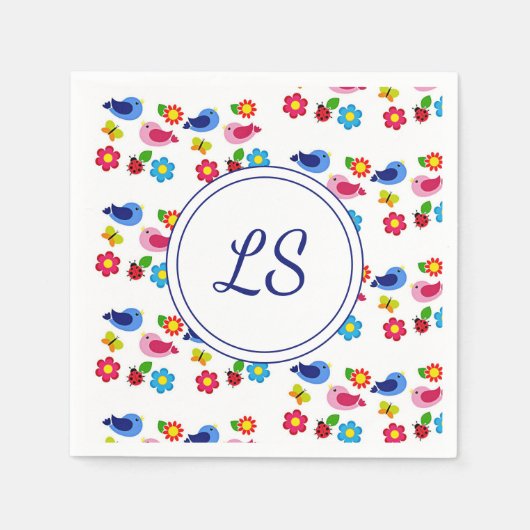 Serviette En Papier Oiseaux et fleurs printemps motif blanc (Devant)