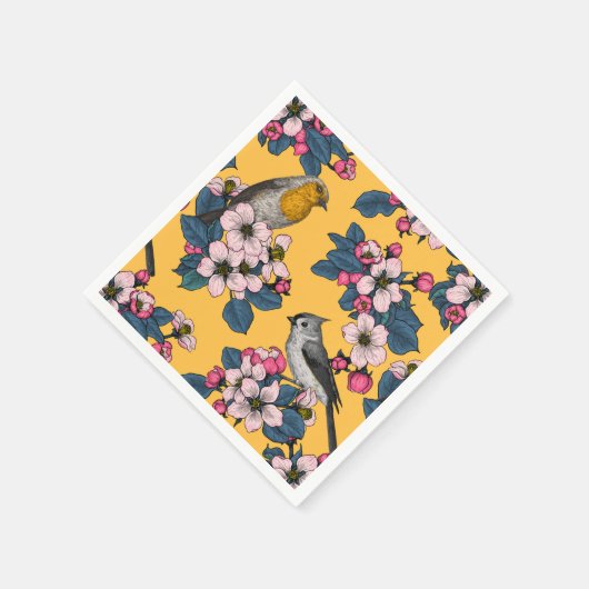 Serviette En Papier Oiseaux et fleurs sur le jaune (Coin)