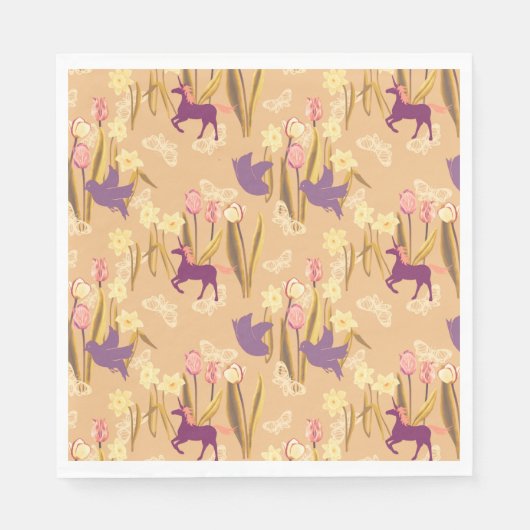 Serviette En Papier Oiseaux et licornes sur la prairie printanière (Devant)