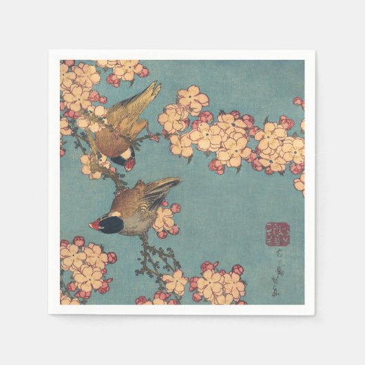 Serviette En Papier Oiseaux Fleurs Hokusai Art Japonais (Devant)