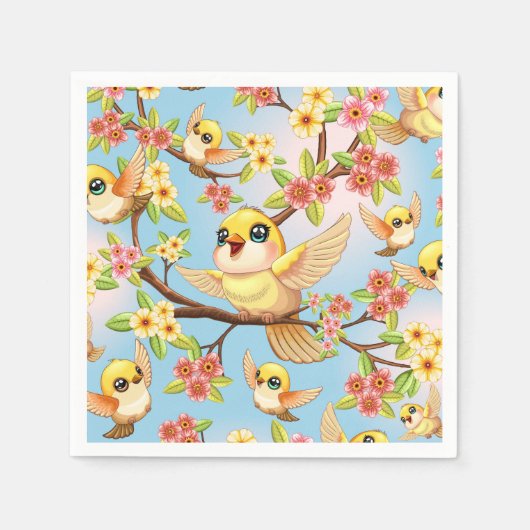 Serviette En Papier Oiseaux mignons et heureux parmi les fleurs du pri (Devant)
