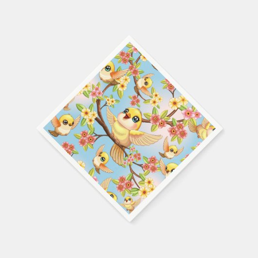 Serviette En Papier Oiseaux mignons et heureux parmi les fleurs du pri (Coin)