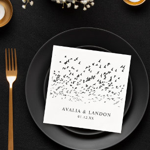 Serviette En Papier Oiseaux modernes d'un Mariage noir et blanc