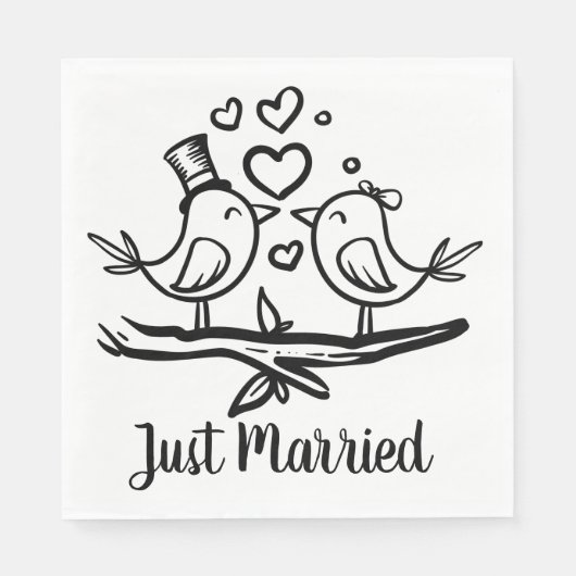 Serviette En Papier Oiseaux Noir Blanc Mariage Lovebirds Juste Marié (Devant)