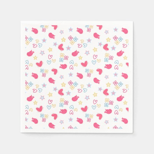 Serviette En Papier Oiseaux roses et Coeurs d'Amour (Devant)