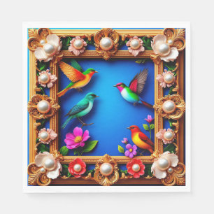 Serviette En Papier Oiseaux vibrants encerclés par le cadre floral orn