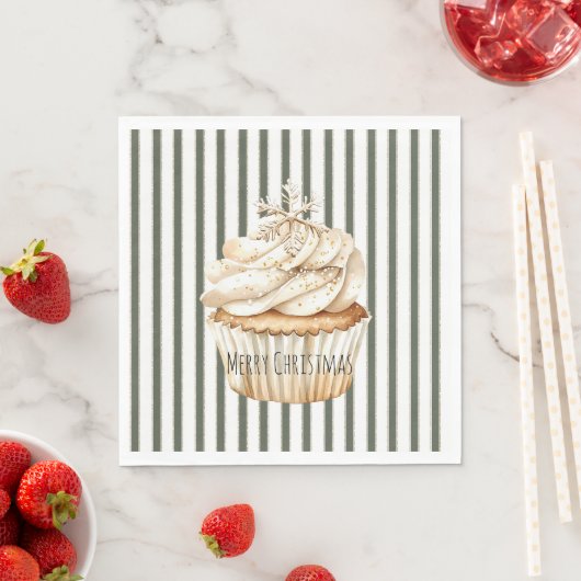 Serviette En Papier Olive Cream Stripes Snowflake Cupcake Christmas (En situation)