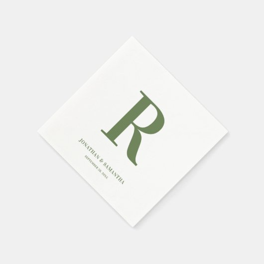 Serviette En Papier Olive Vert et blanc Mariage Monogramme Moderne (Coin)