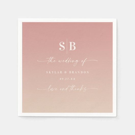 Serviette En Papier Ombre Dusty Rose & Champagne Mariage monogramme (Devant)