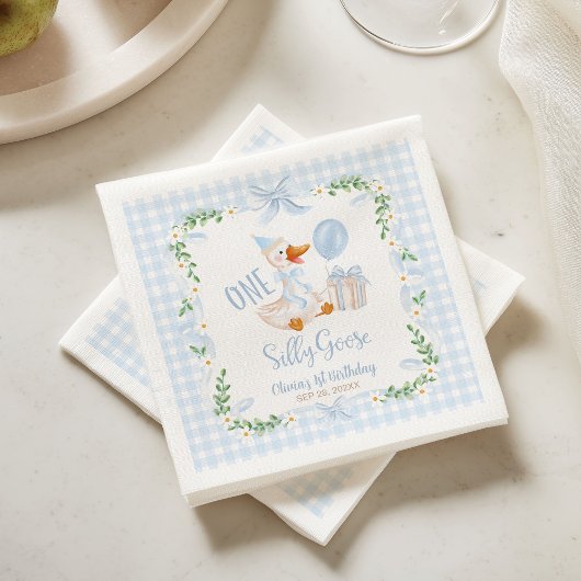 Serviette En Papier One Silly Goose Blue Bow Floral 1st Birthday