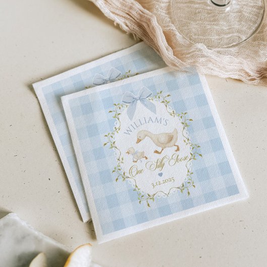Serviette En Papier One Silly Goose Blue Gingham Boy 1st Birthday