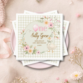 Serviette En Papier One Silly Goose Gingham Pink Flora Birthday Party 