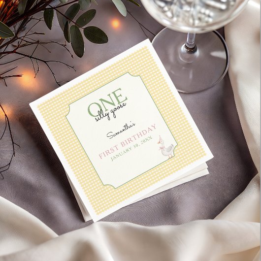 Serviette En Papier One Silly Goose Pink and Gingham 1st Birthday