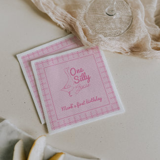 Serviette En Papier One Silly Goose Pink Hand Drawn Girl 1st Birthday