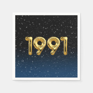Serviette En Papier Or 1991 Ballons de l'année de naissance en étoiles