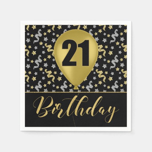Serviette En Papier Or 21 Anniversaire en or et argent sur noir (Devant)