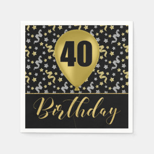 Serviette En Papier Or 40 Anniversaire en or et argent sur noir