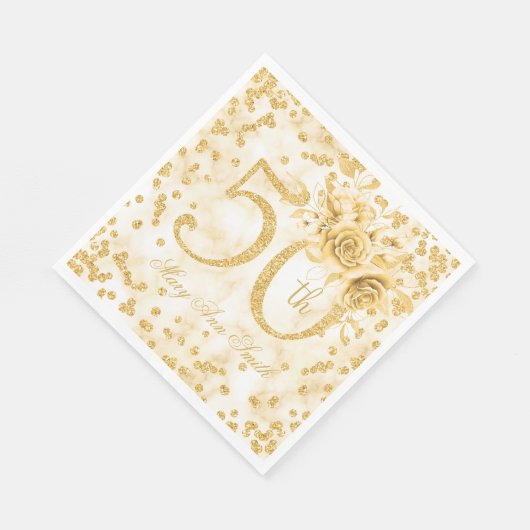 Serviette En Papier Or 50e anniversaire Floral Marbre moderne (Coin)