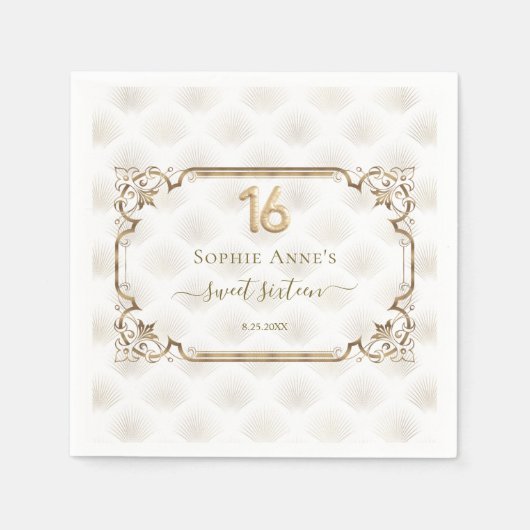Serviette En Papier Or Blanc Art Déco Sweet sixteen Anniversaire (Devant)