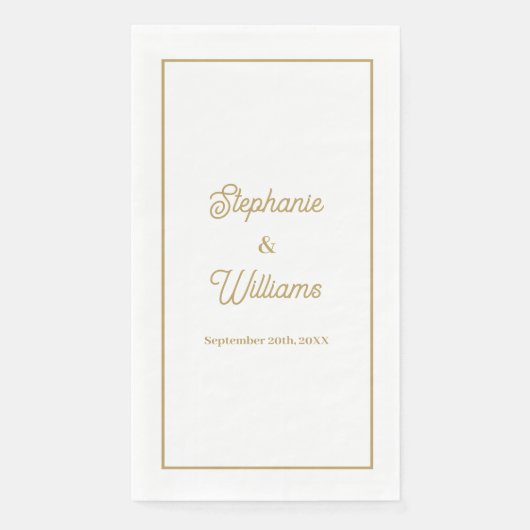 Serviette En Papier Or Blanc Élégant Nom De Script Mariage Minimaliste (Devant)