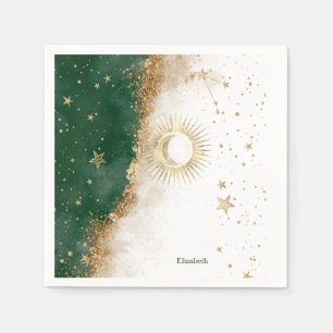 Serviette En Papier Or Céleste Soleil Et Lune Étoiles Vert