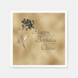 Serviette En Papier Or Élégant Floral Noir Nom Aquarelle Anniversaire