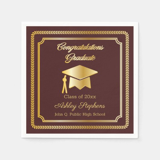 Serviette En Papier Or élégant | Maroon Grad Casquette Classe de 2023 (Devant)