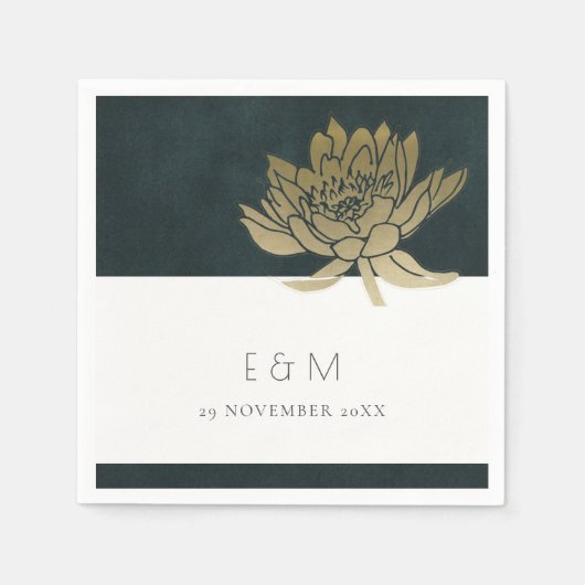 SERVIETTE EN PAPIER OR EMERALD VERT LOTUS MARIAGE MONOGRAMME FLORAL (Devant)