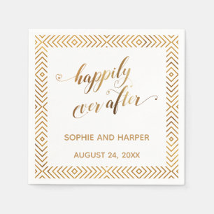 Serviette En Papier Or et Blanc Heureux Pour Toujours, Cœurs Diamants