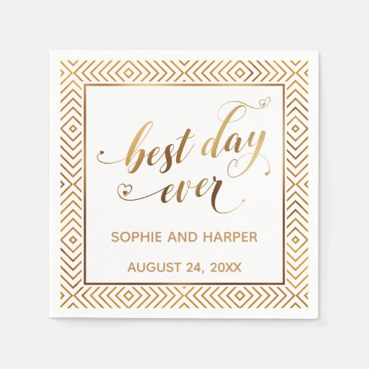 Serviette En Papier Or et blanc Meilleur Jour jamais, Coeurs Diamants (Devant)