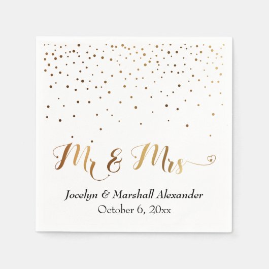 Serviette En Papier Or et Blanc Mr & Mrs Cœur Script Confettis (Devant)