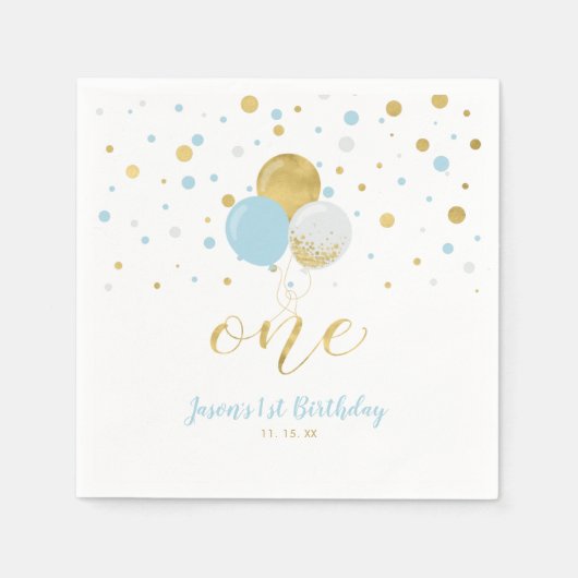 Serviette En Papier Or et bleu | Ballons, Confetti Garçon 1er annivers (Devant)