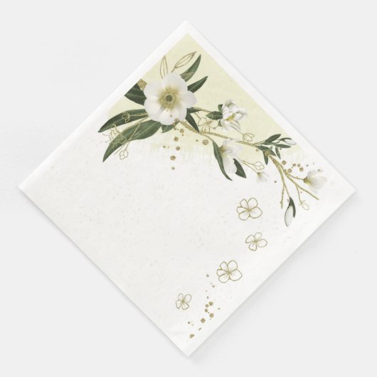 Serviette En Papier or et fleurs blanches vert feuille mariage (Coin)