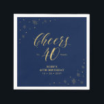 Serviette En Papier Or et marine | Modern Cheers 40th Birthday Party<br><div class="desc">Cette serviette en papier personnalisée ajoutera des détails élégants à votre journée spéciale. Ce design présente des graphismes étincelants et de la typographie "Cheers to 40 years" en texture feuille or sur un arrière - plan bleu marine. Parfait pour une soirée dorée moderne à thème 40ème anniversaire. Les invitations et...</div>