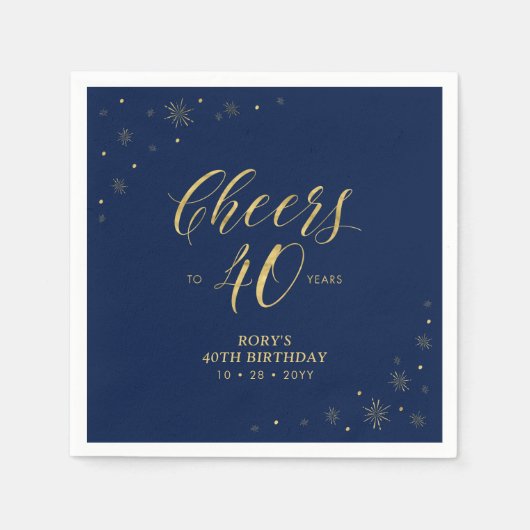 Serviette En Papier Or et marine | Modern Cheers 40th Birthday Party (Devant)