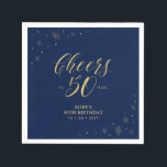 Serviette En Papier Or et marine | Modern Cheers 50th Birthday Party<br><div class="desc">Cette serviette en papier personnalisée ajoutera des détails élégants à votre journée spéciale. Ce design présente des graphismes étincelants et de la typographie "Cheers to 50 years" en texture feuille or sur un arrière - plan bleu marine. Parfait pour une soirée dorée moderne à thème 50ème anniversaire. Les invitations et...</div>