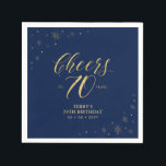 Serviette En Papier Or et marine | Modern Cheers 70th Birthday Party<br><div class="desc">Cette serviette en papier personnalisée ajoutera des détails élégants à votre journée spéciale. Ce design présente des graphismes étincelants et de la typographie "Cheers to 70 years" en texture feuille d'or sur un arrière - plan bleu marine. Parfait pour une soirée dorée moderne à thème 70ème anniversaire. Les invitations et...</div>